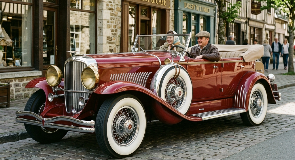 A red vintage convertible car with whitewall tires driving past antique shops on a cobblestone street.